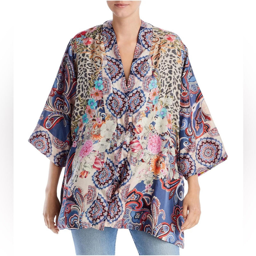 Johnny Was Betzy Emilia Paisley Print Silk Kimono, Size L New w/Defect $420