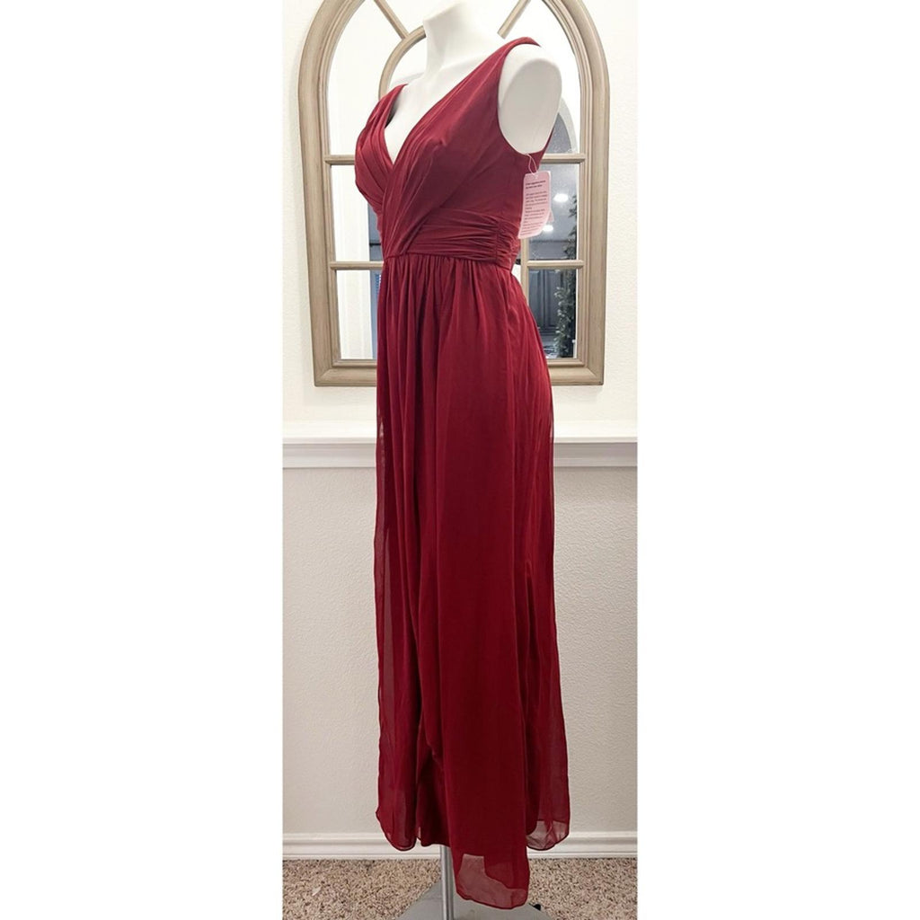 Dessy Floor Length Chiffon Shirred Skirt V-Neck Draped Dress in Burgundy Size 2