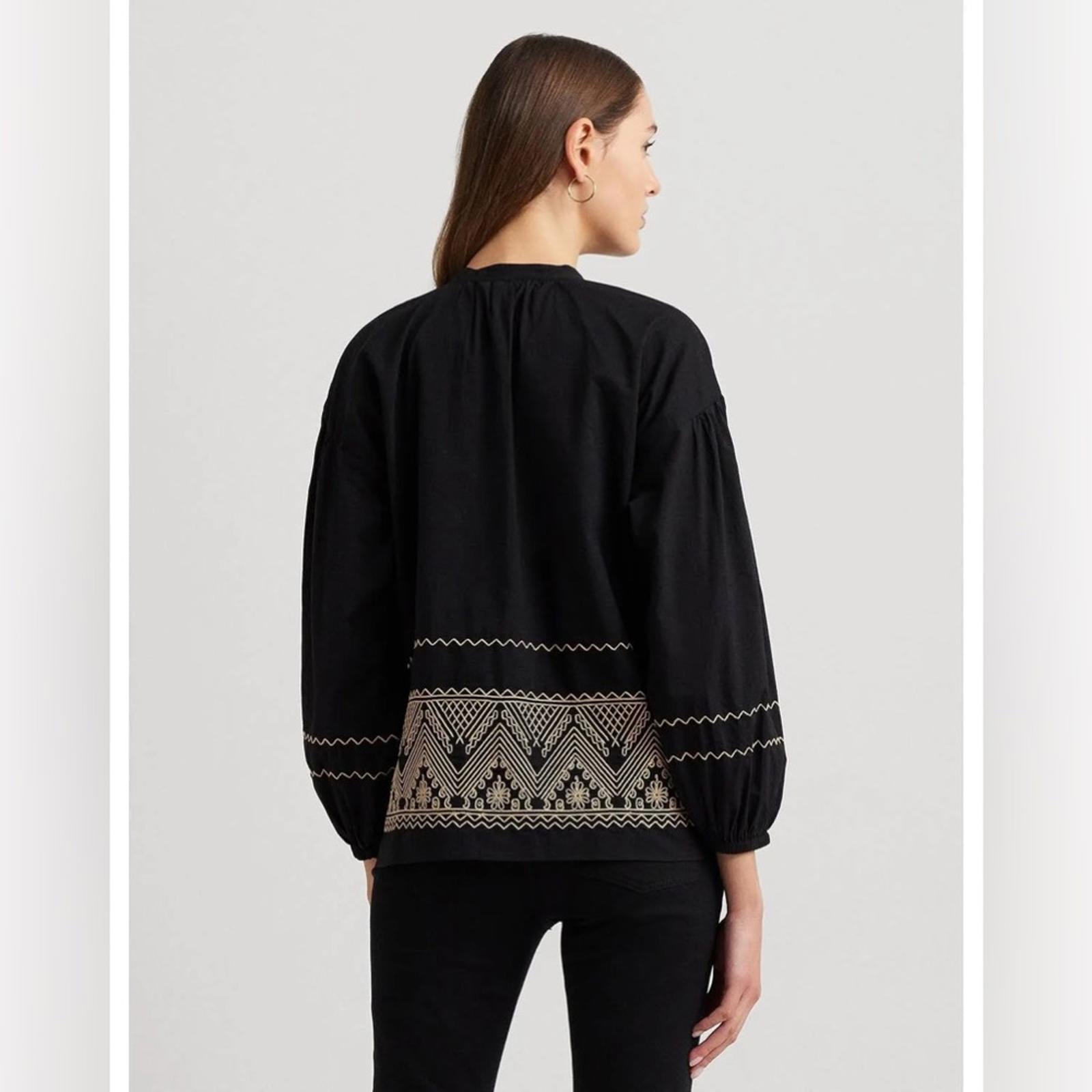 Lauren Ralph Lauren V-Neck Bishop Sleeves Pullover Top in Black Size S NWT
