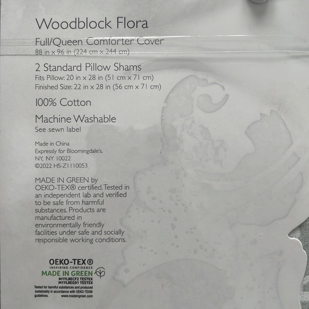 Sky Woodblock Flora Duvet Set in Grey & White, Full/Queen New w/Tag Retail $260