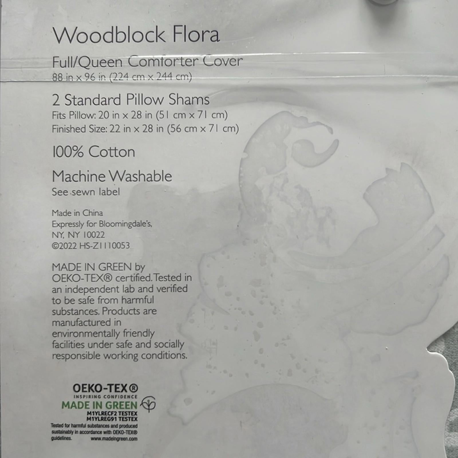 Sky Woodblock Flora Duvet Set in Grey & White, Full/Queen New w/Tag Retail $260