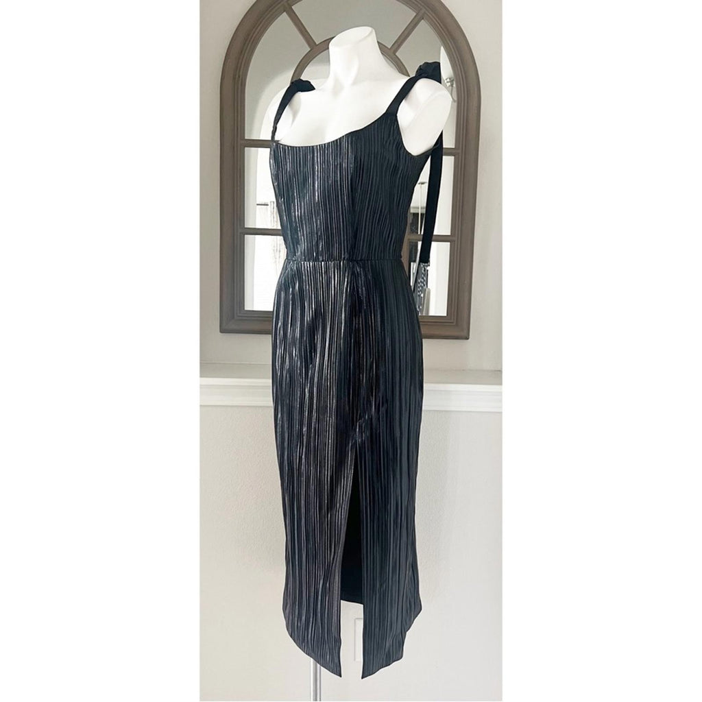 Markarian Imogen Pleated Midi Dress in Black Lame, NWT, Size 6, Retail $1695