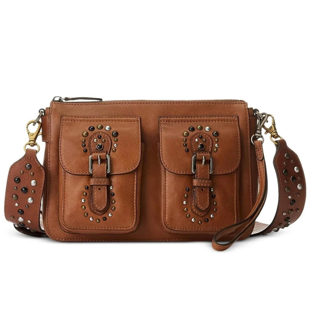 Ralph Lauren Studded Leather Noa Crossbody with Front Pockets, Brown, New w/Tag