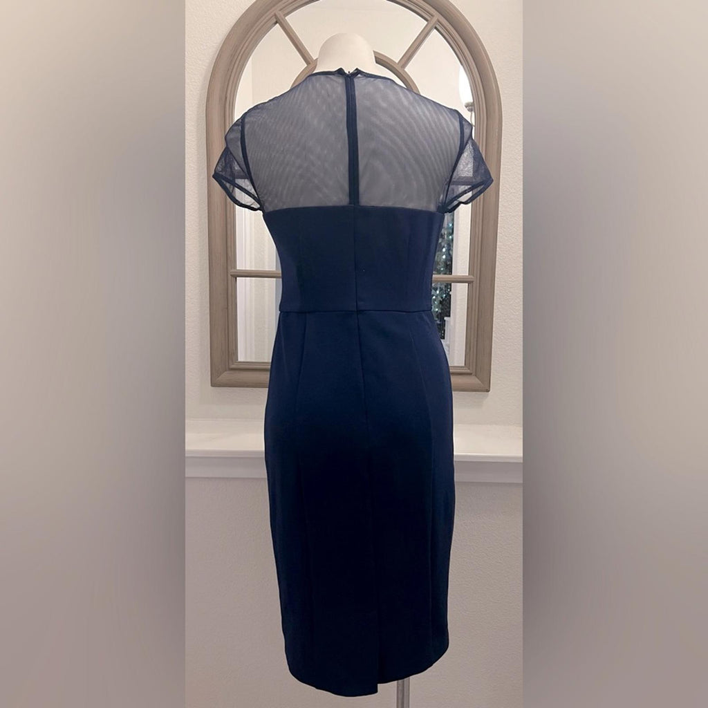 JS Collection Short Sleeve Illusion Cocktail Sheath Dress Navy Size 2 NWT $178