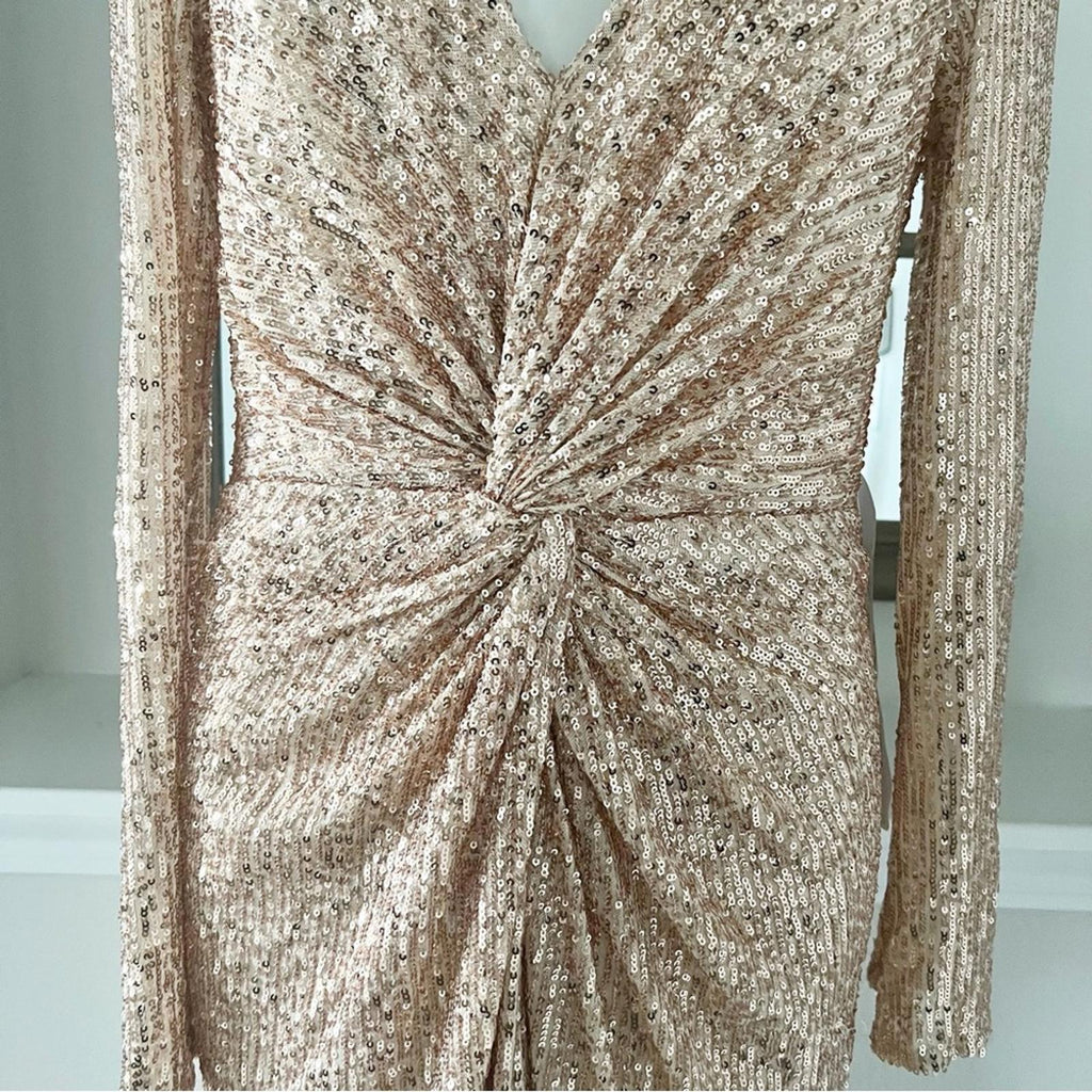 Mac Duggal IEENA Sequined High Low Dress, Rose Gold, Size 12 New w/Tag $348