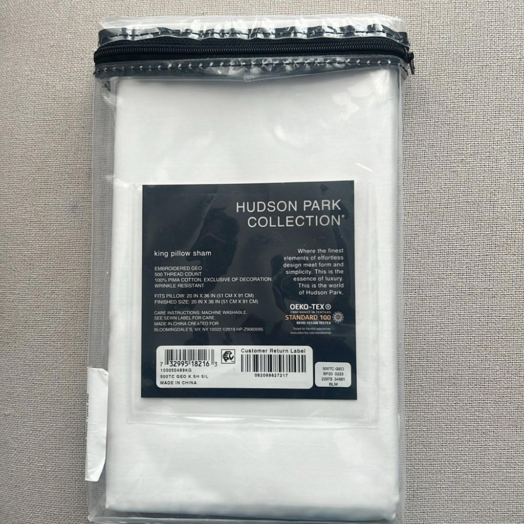 Hudson Park Collection Embroidered Geo King Sham 500 Thread Count, White/Silver