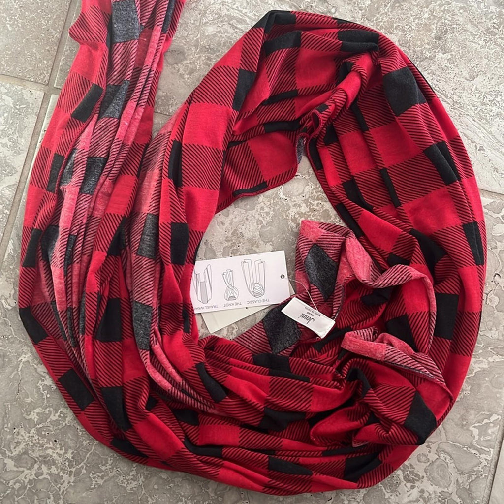 Jenni Buffalo Check Jersey Scarf w/Multiple Ways to Wear in  Black/Red, NWT