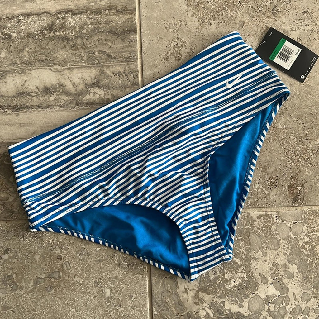 Nike Striped High Waisted Bikini Bottoms, Blue & White Size XL New w/Tag