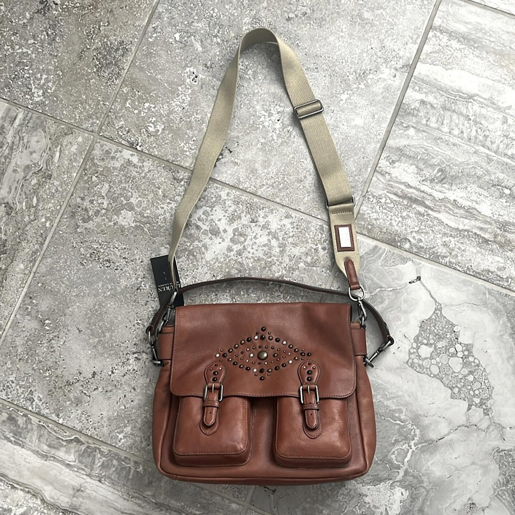 Ralph Lauren Studded Leather Noa Crossbody with Front Pockets, Brown, New w/Tag