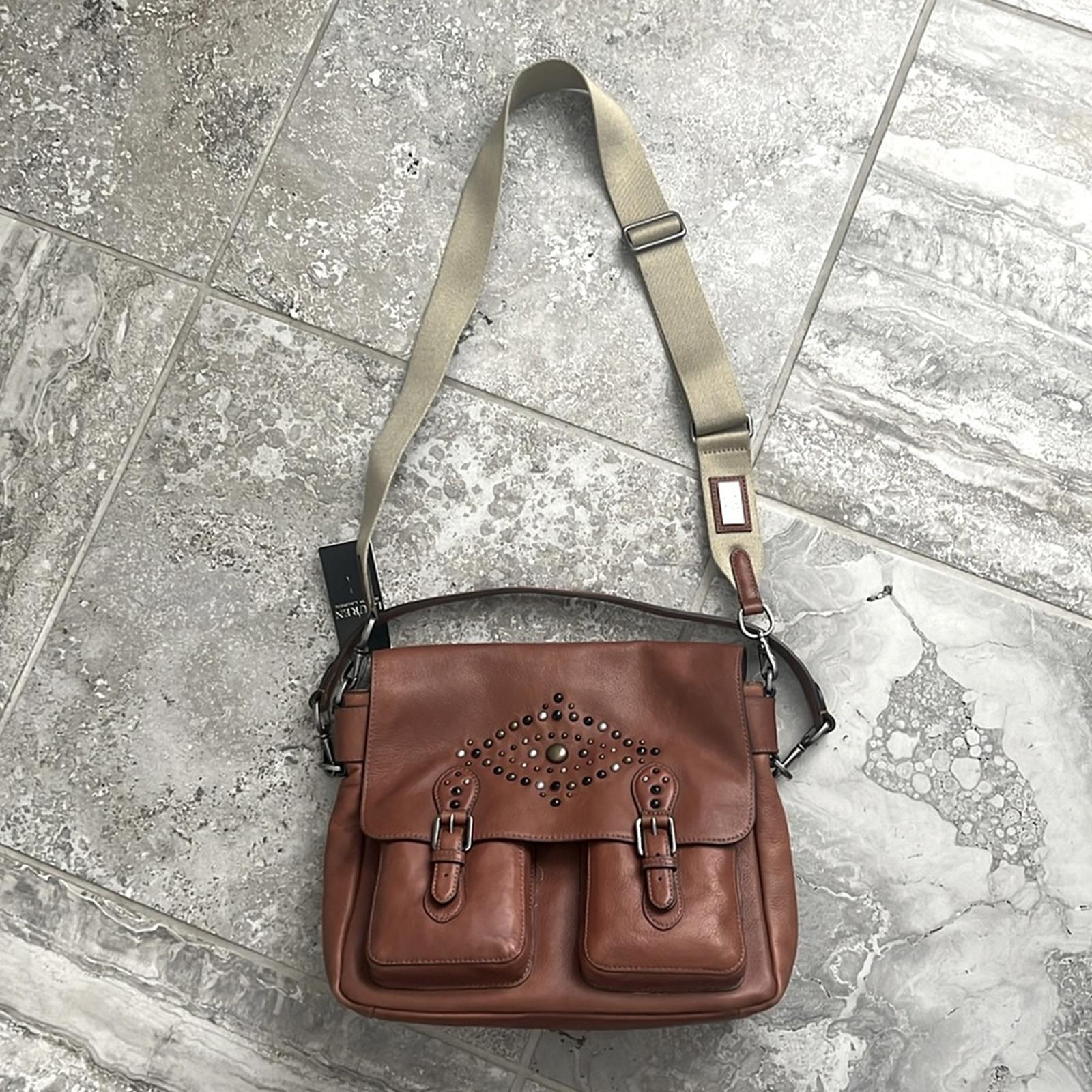 Ralph Lauren Studded Leather Noa Crossbody with Front Pockets, Brown, New w/Tag