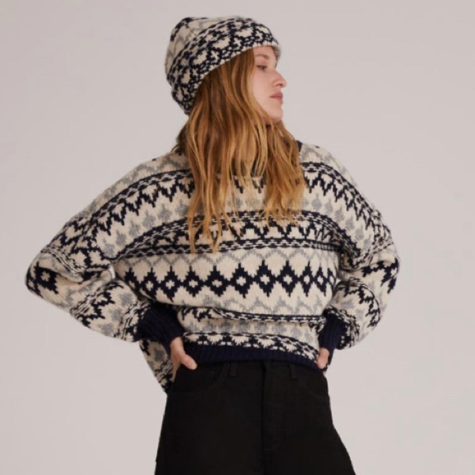 Favorite Daughter ‘Tis The Season Sweater &Hat Set, Blue/Grey Fair Isle Sz M NWT