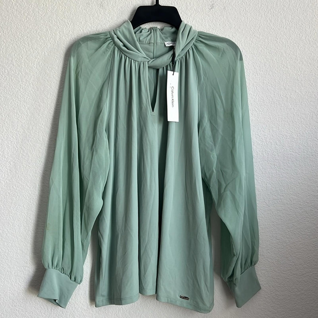 Calvin Klein Twist Neck Chiffon Sleeve Blouse in Mint Green, NWT, Size XL