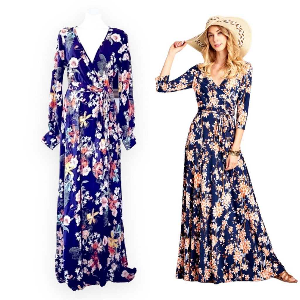 Meghan LA Floral Maxi Dress Navy Lilypad Split Neck Size XL EXCELLENT! $399