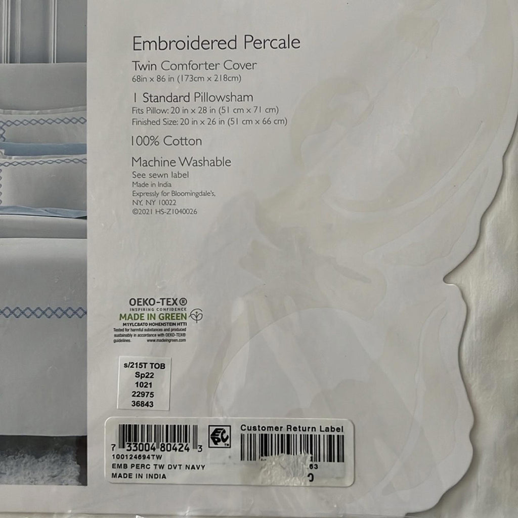Sky NAVY Embroidered Percale Duvet Cover and Shams Set, Twin NEW w/Tag $230