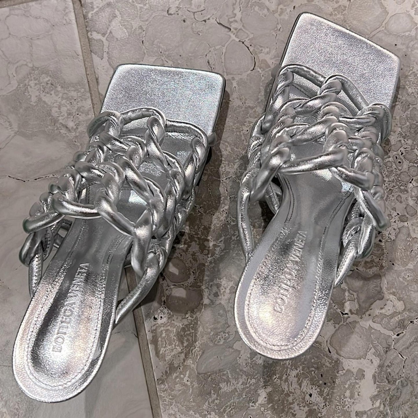 Bottega Veneta Stretch High Heel Slide Sandals in Silver Size 37.5 NEW+2DustBags