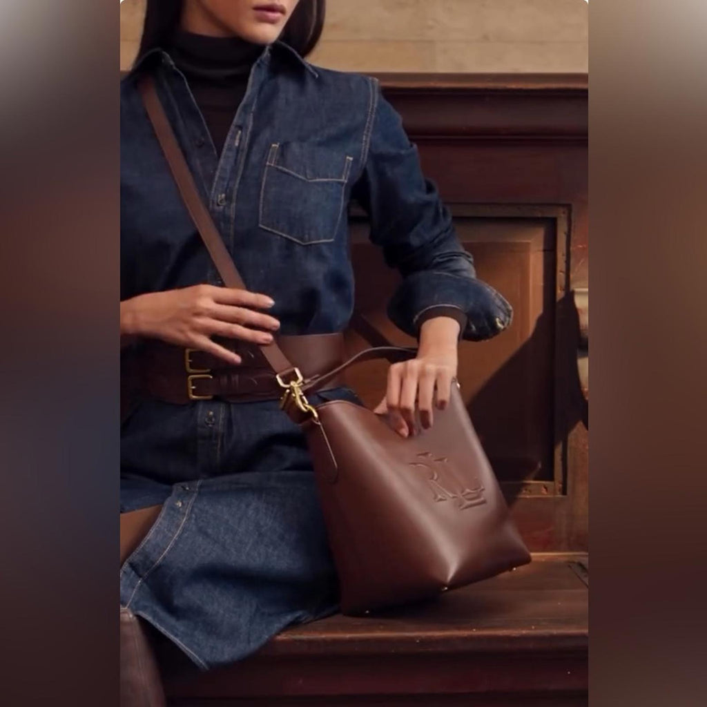 Lauren Ralph Lauren Leather Medium Witley Bucket Bag in Dark Mahogany, NEW