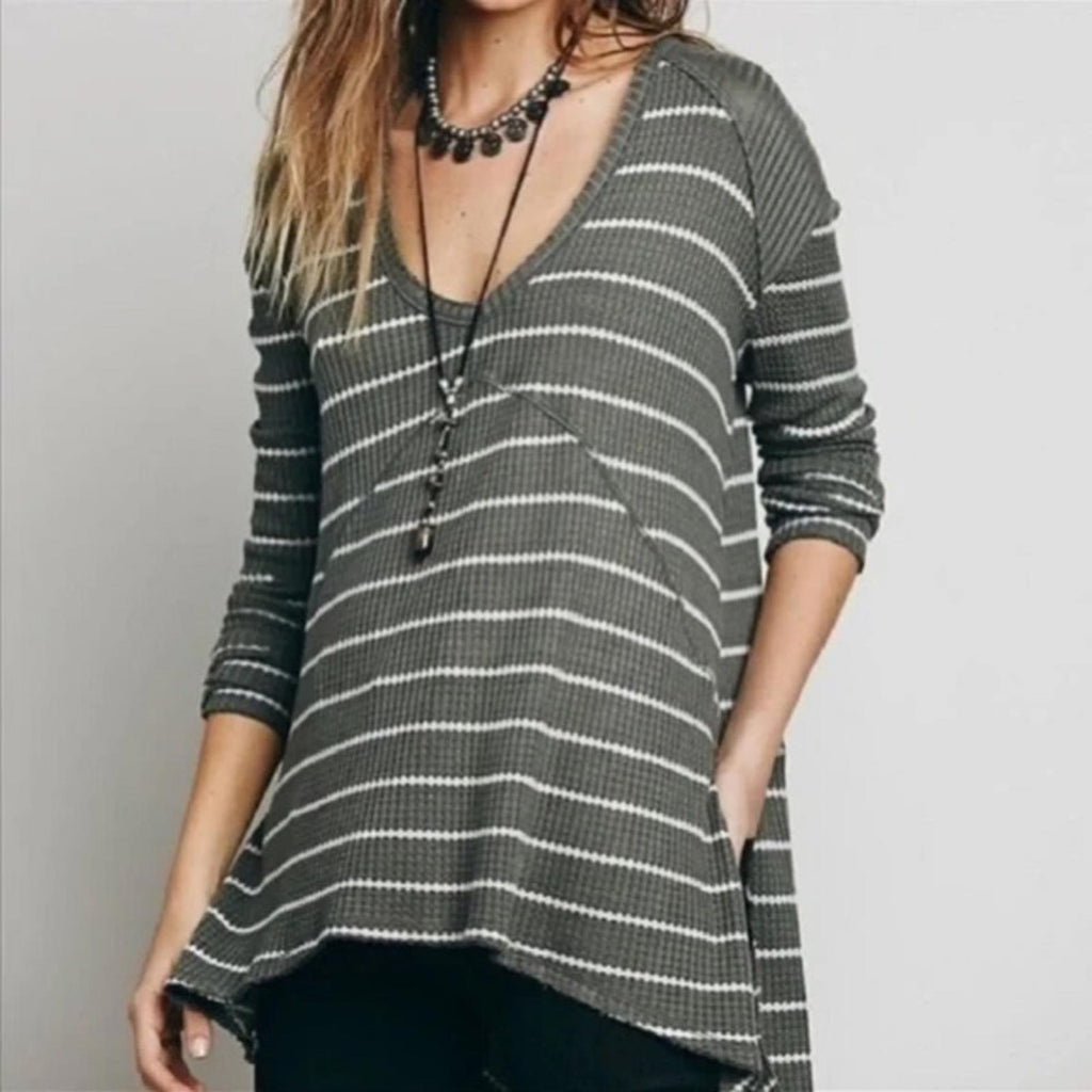Free People Sunset Park Grey Oversized Striped Waffle Thermal Sweater Size M NWT