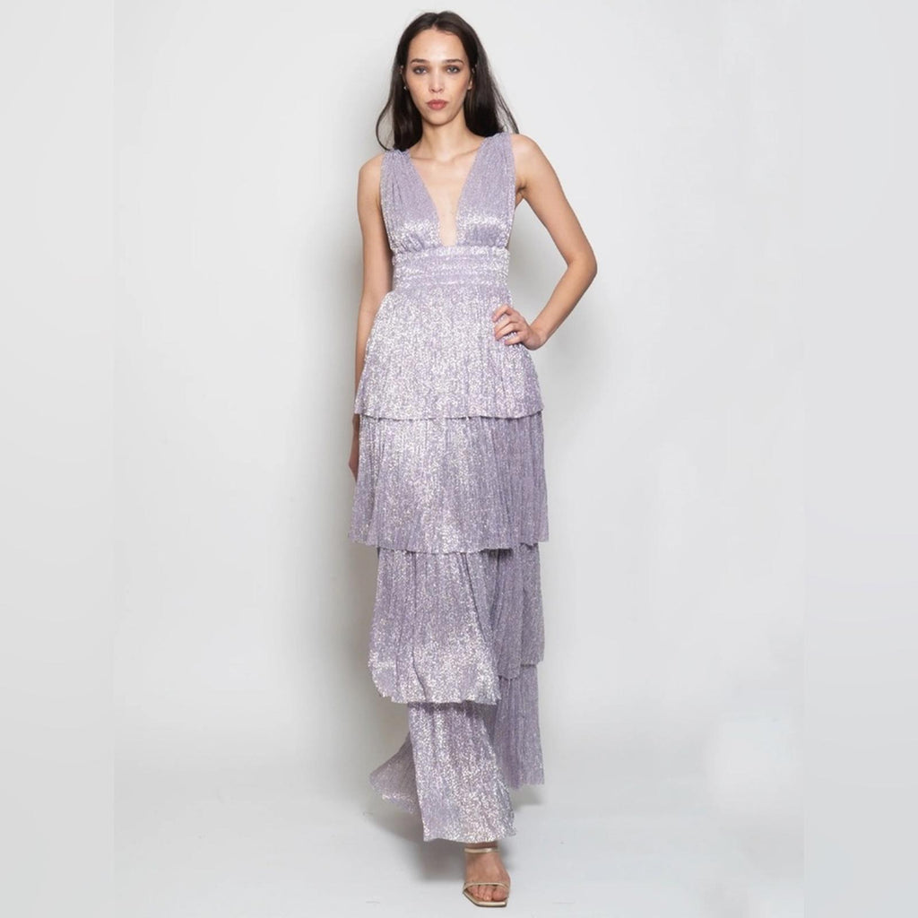 Sabina Musayev Alpha Pleated Knit Layered Maxi Dress, Lilac/Purple Size XL NEW