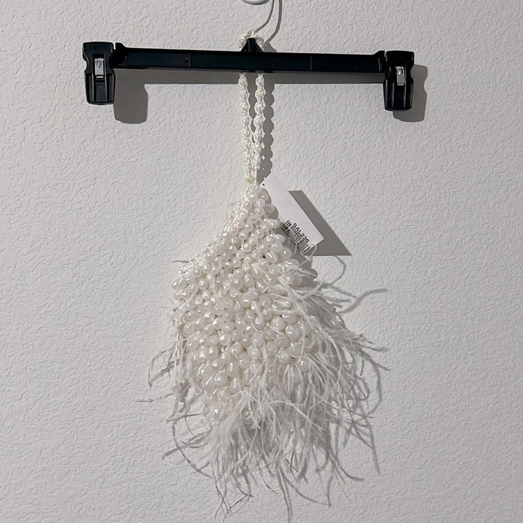 Cult Gaia Dory Ostrich Feather Beaded Wristlet in White, NWT