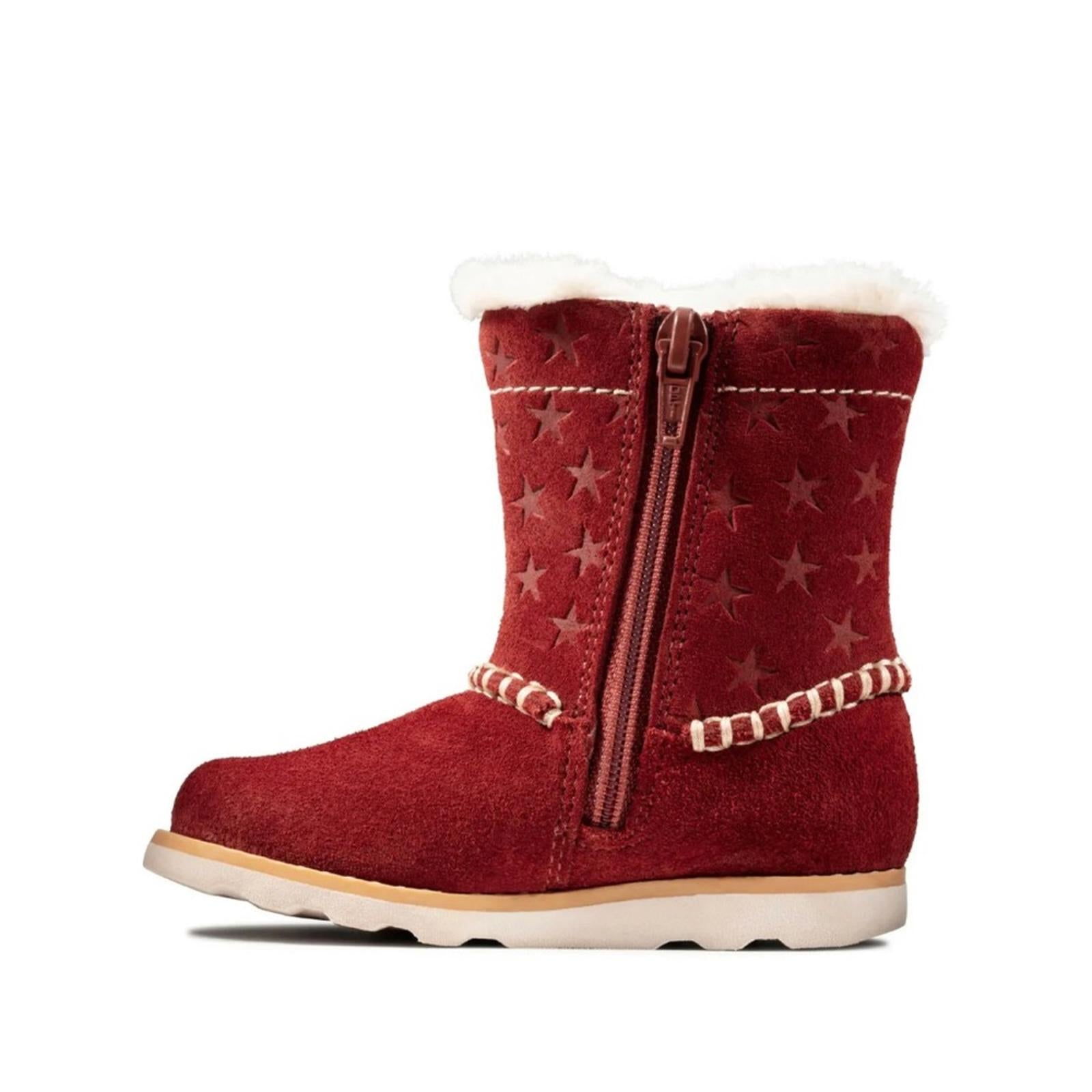 NEW Clarks Crown Piper Dark Red Suede Fur Lined Boots, Girls Size UK 12.5 US 13