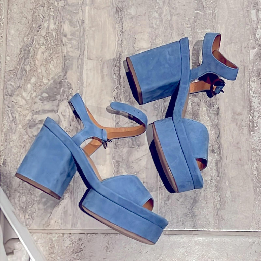 Chloé Odina Blue High Heel Platform Sandals, Size 38 NEW +2 DustBags