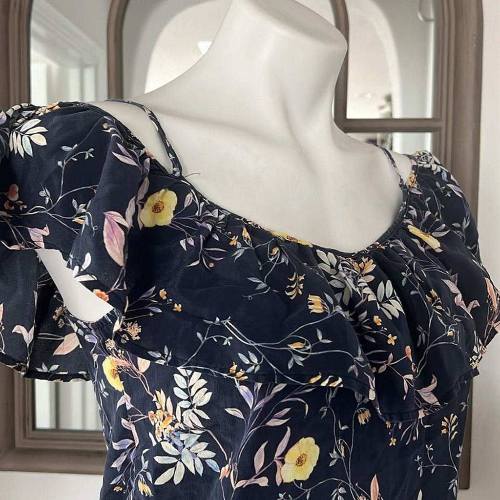 AMOUR VERT 100% Silk Floral Cold Shoulder Blouse, Blue Multi Size XS