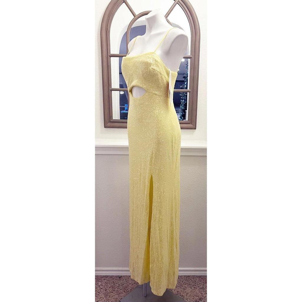 Bloomingdale’s Aqua Cutout Waist Sequin Column Gown in Yellow, Size 8 NEW $308