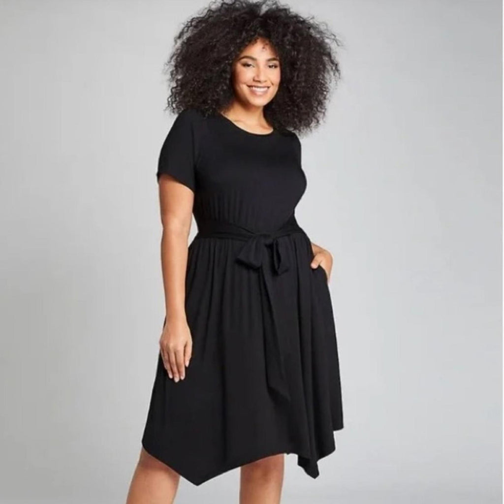 Lane Bryant Asymmetric Belted Midi Dress in Black, NWT, Size 14/16