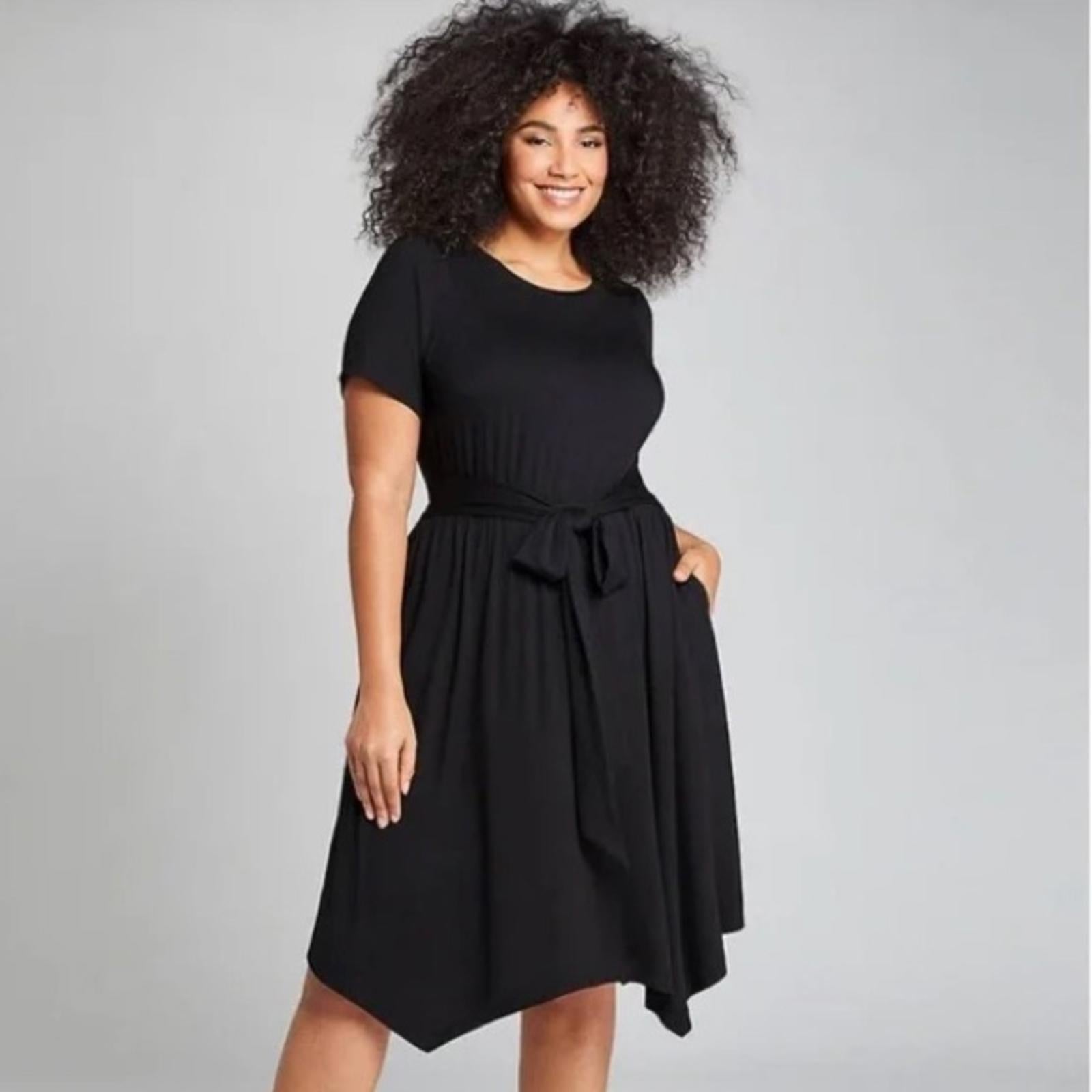 Lane Bryant Asymmetric Belted Midi Dress in Black, NWT, Size 14/16