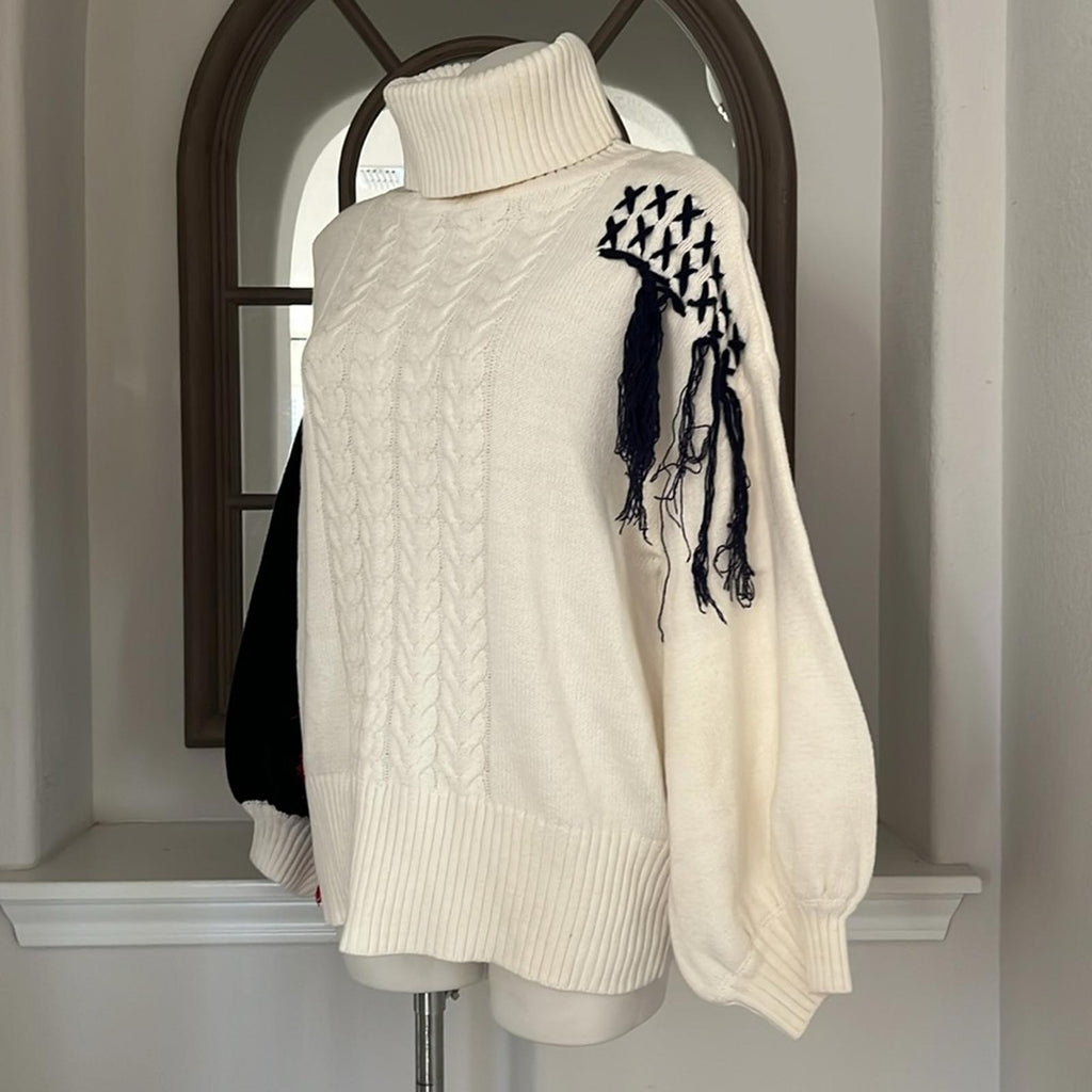 Cable Knit Turtleneck Sweater with Puff Sleeves in White Multi, Size M NWT