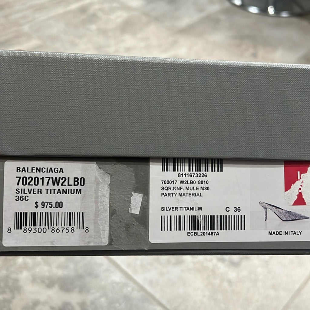 Balenciaga Knife Glitter High Heel Mules in Silver Titanium Size 36 New in Box