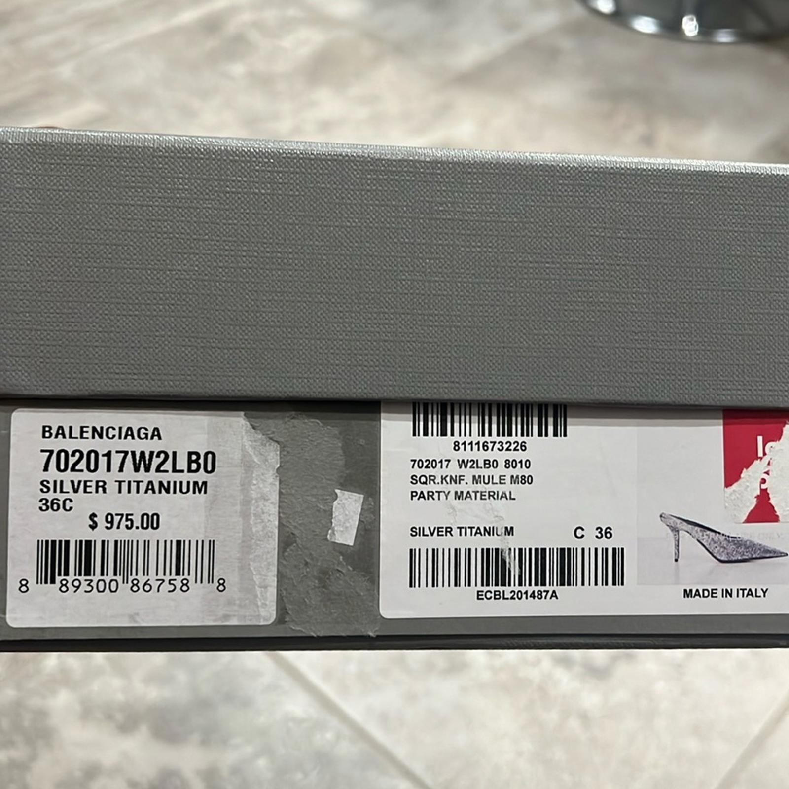 Balenciaga Knife Glitter High Heel Mules in Silver Titanium Size 36 New in Box