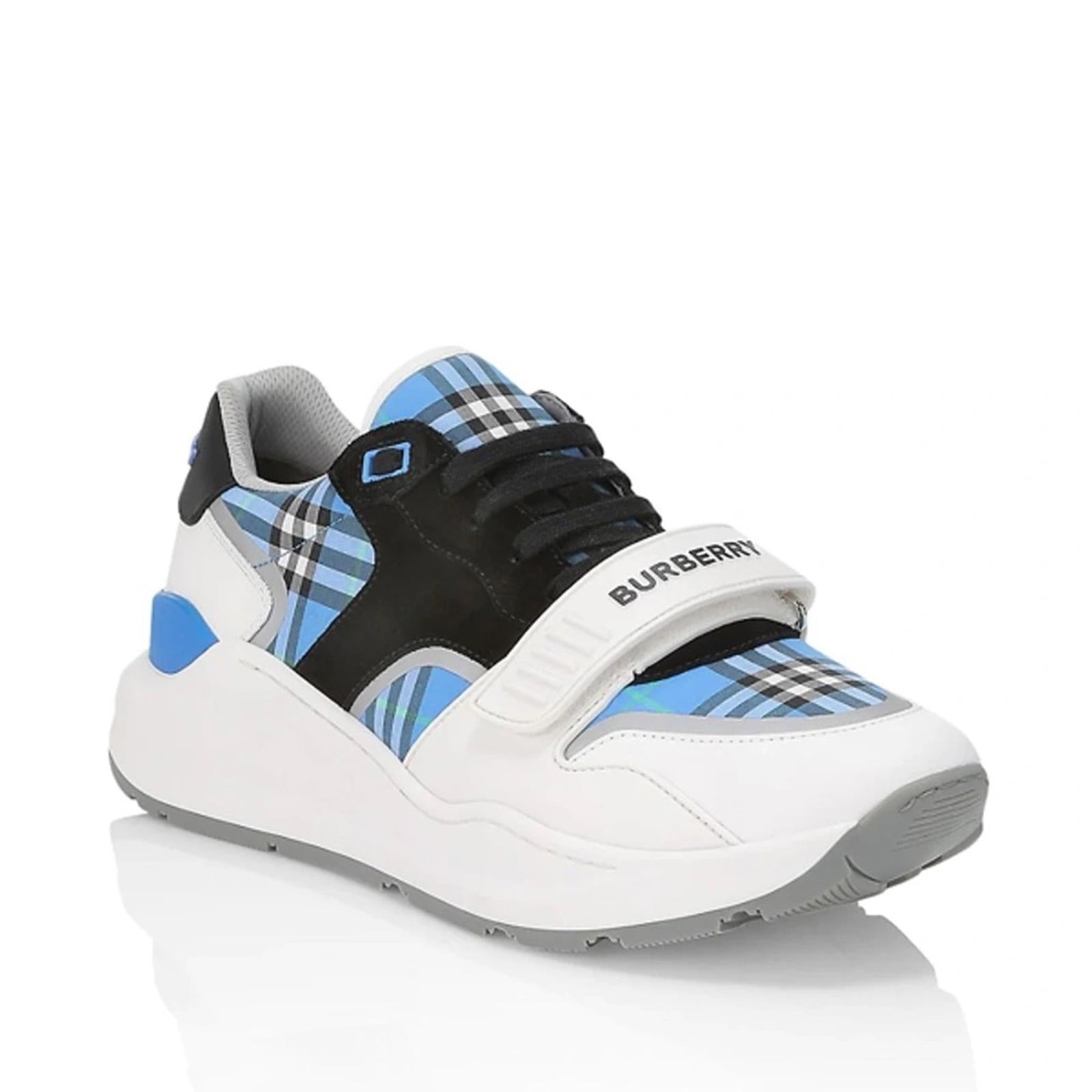 Burberry Blue Check Ramsey Low Top Sneakers, Size EU 43 New in Box