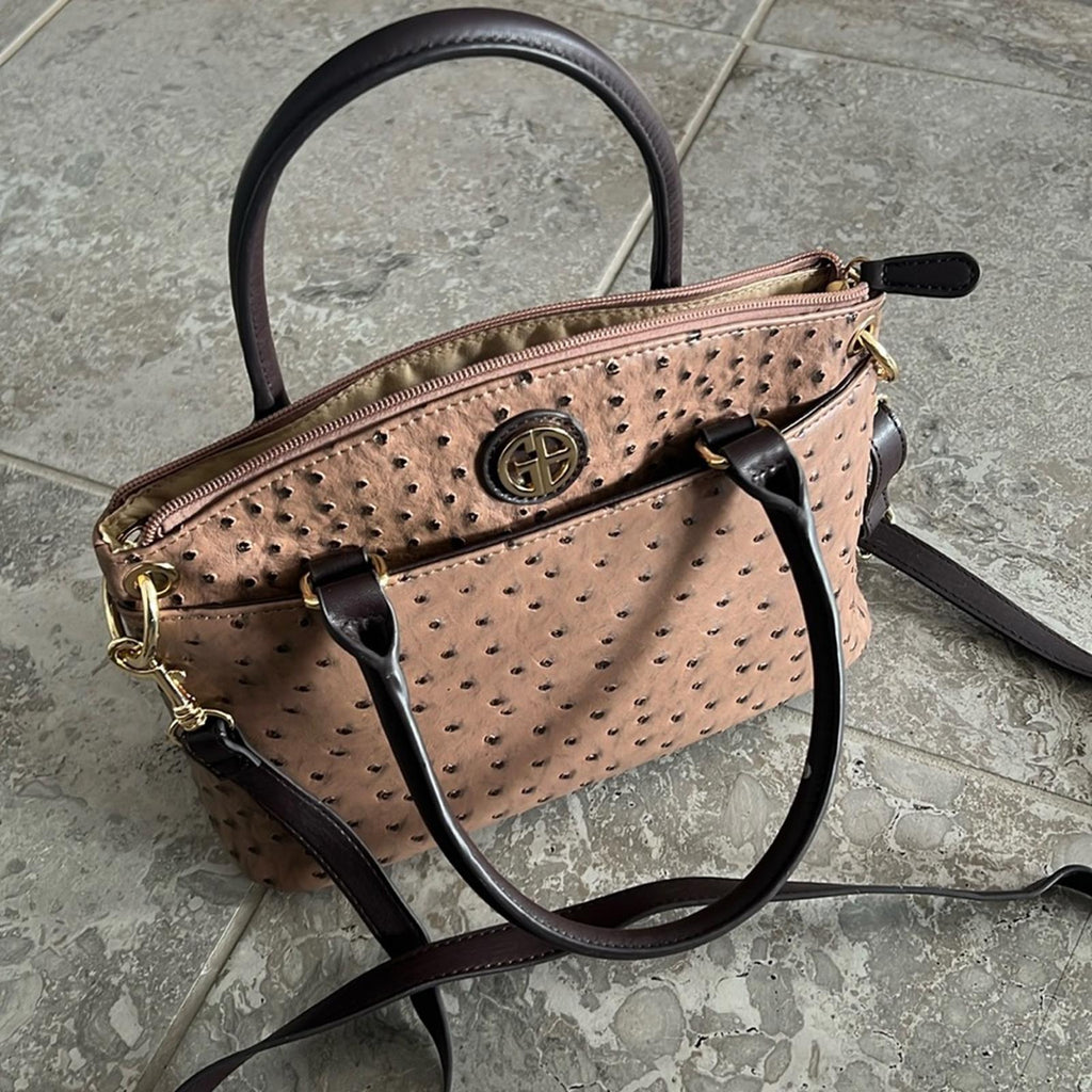 Giani Bernini Faux Ostrich Mini Satchel in Mocha Brown/Gold Tone, NEW w/o Tag
