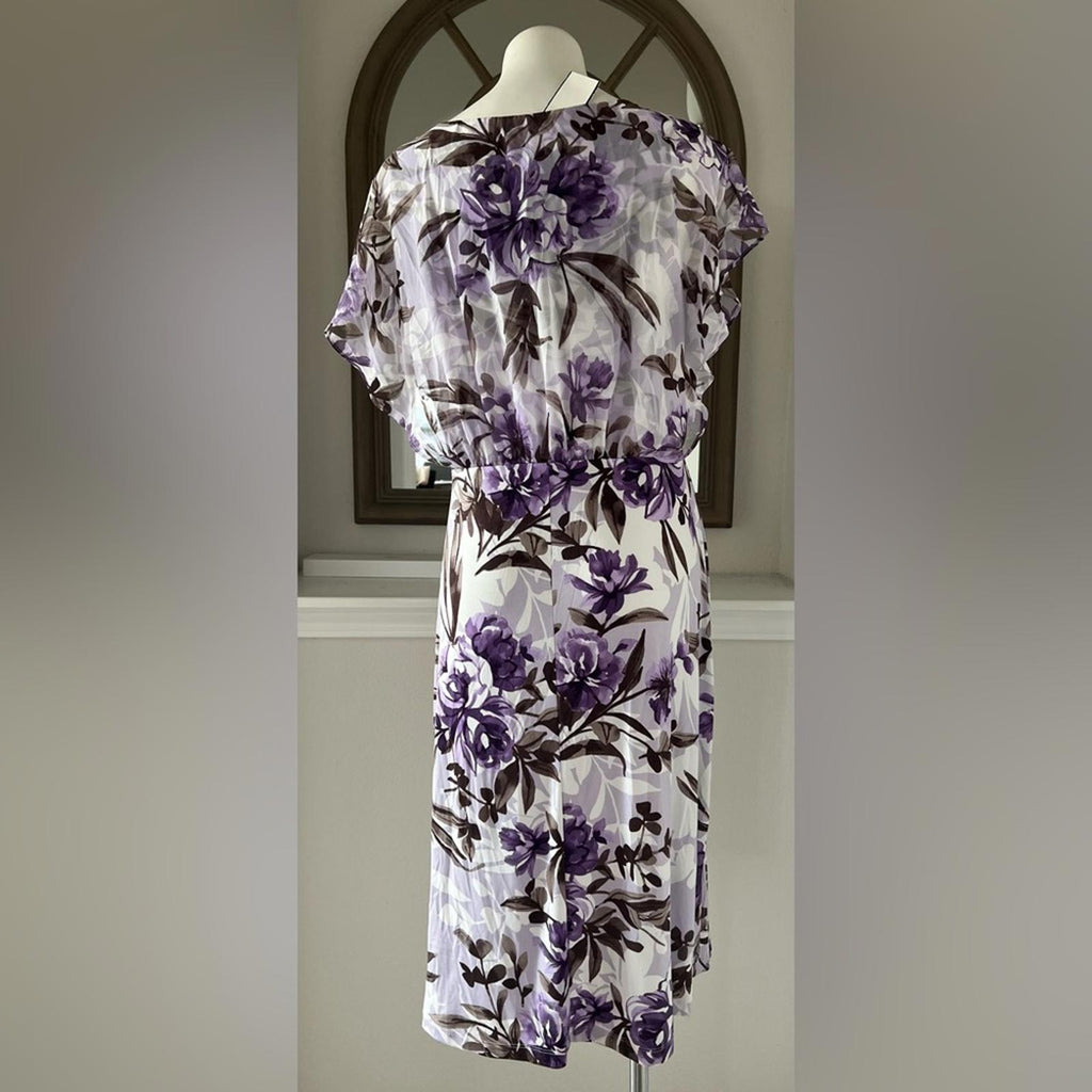 Connected Apparel Daphne Lavender Floral Chiffon Popover Dress, Petite Size 14