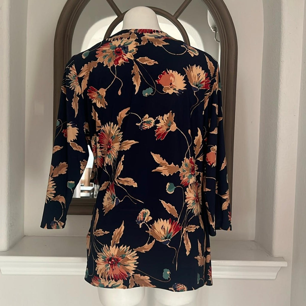 Lauren Ralph Lauren Floral Stretch Jersey Top in Navy Tan Multi Size 1X NWT