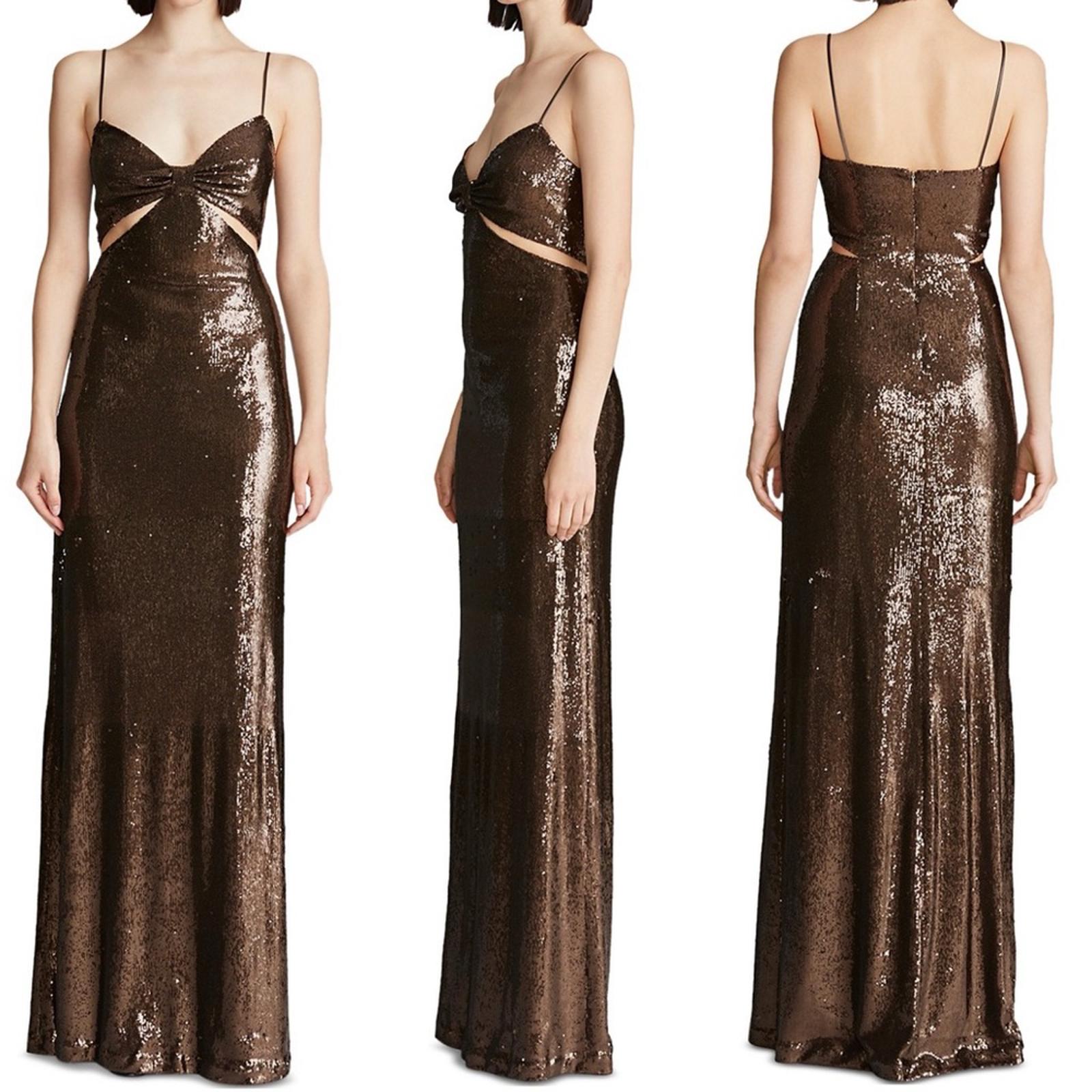 Halston Chloe Cutout Sequined Tulle Gown, Brown Size 4 New w/Tag Retail $595