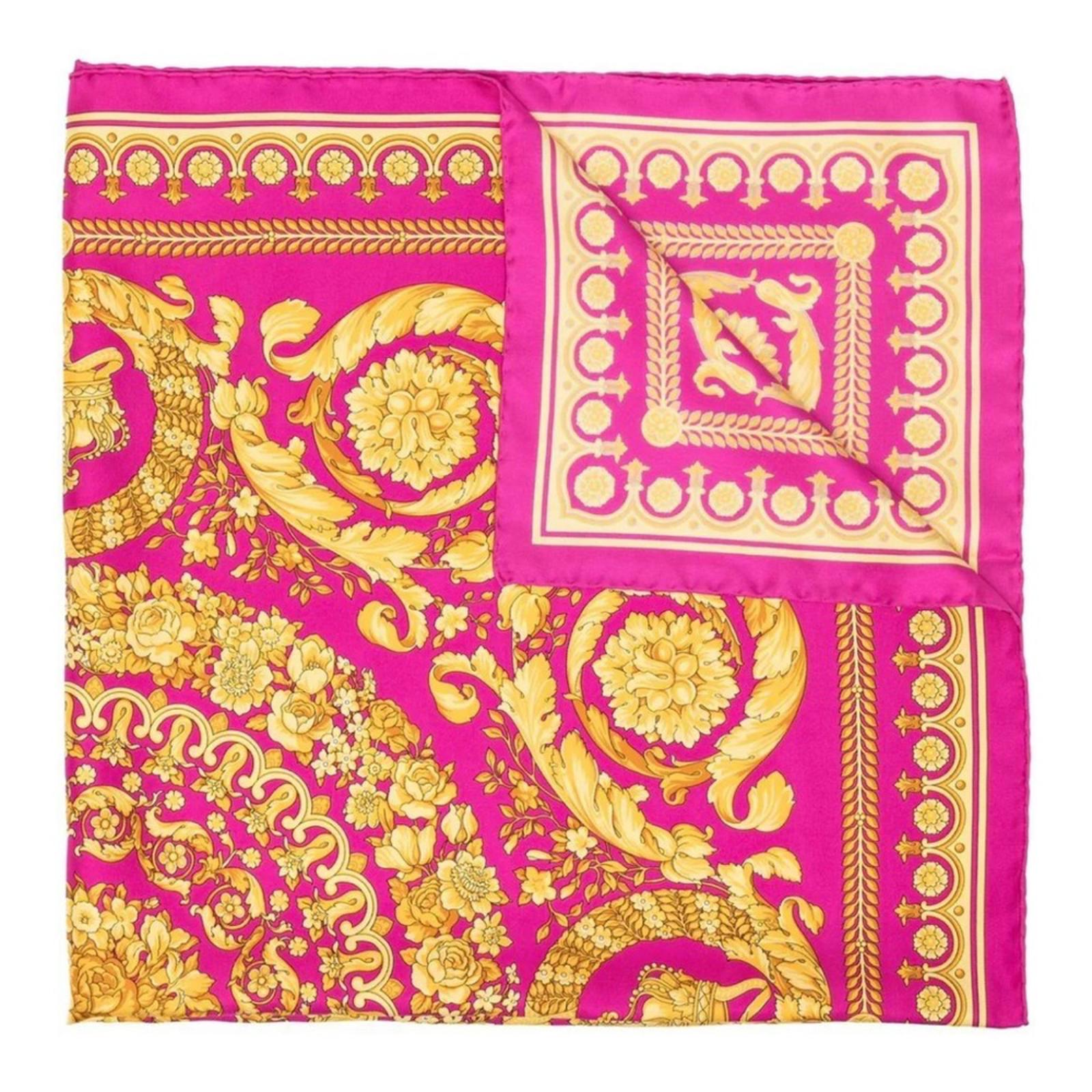 NEW Versace Barocco Print Silk Scarf Foulard, Pink/Gold  Size 36”x35” New $575