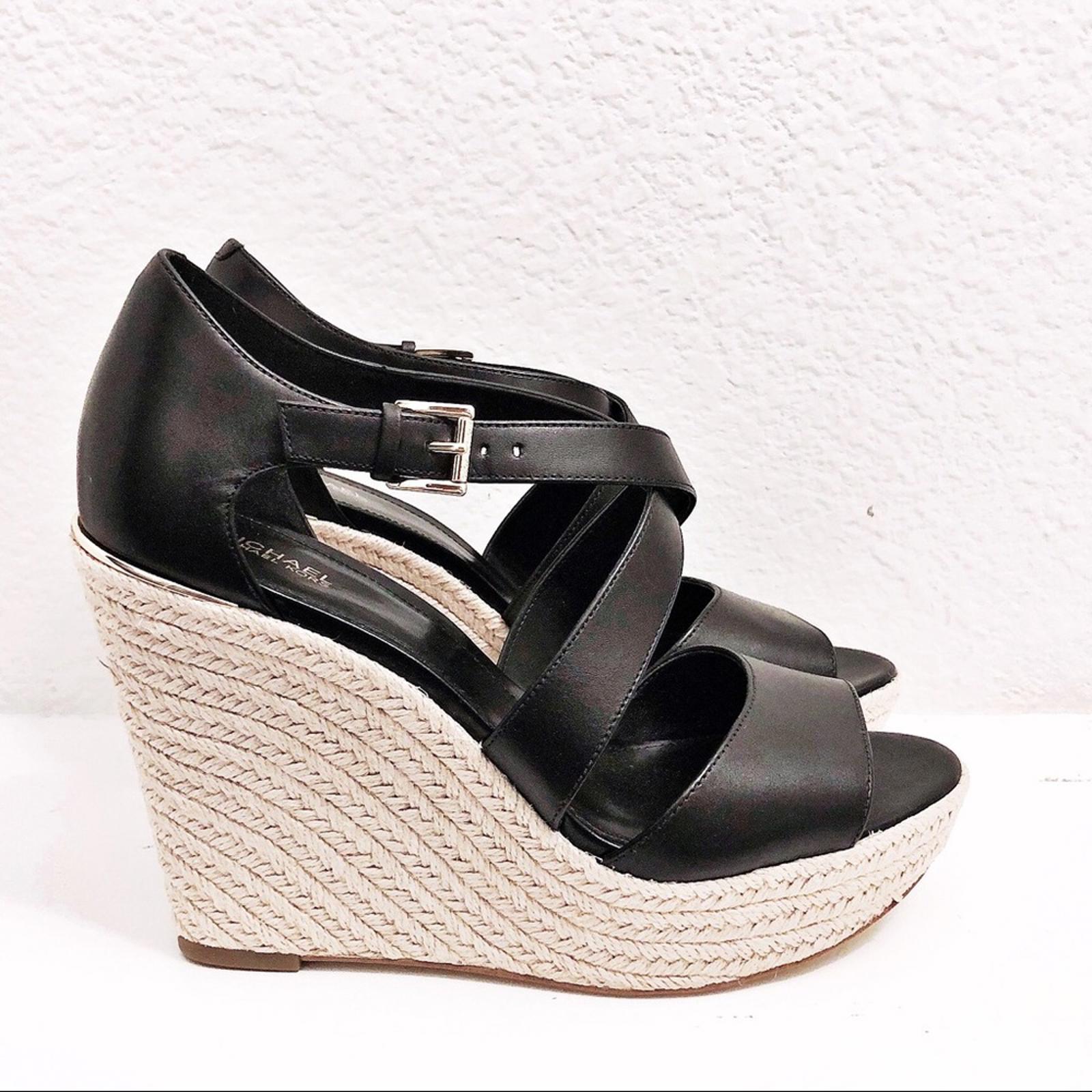 NEW Michael Kors Leather Wedge Sandals Espadrilles Black, Size 9.5 Retail $139