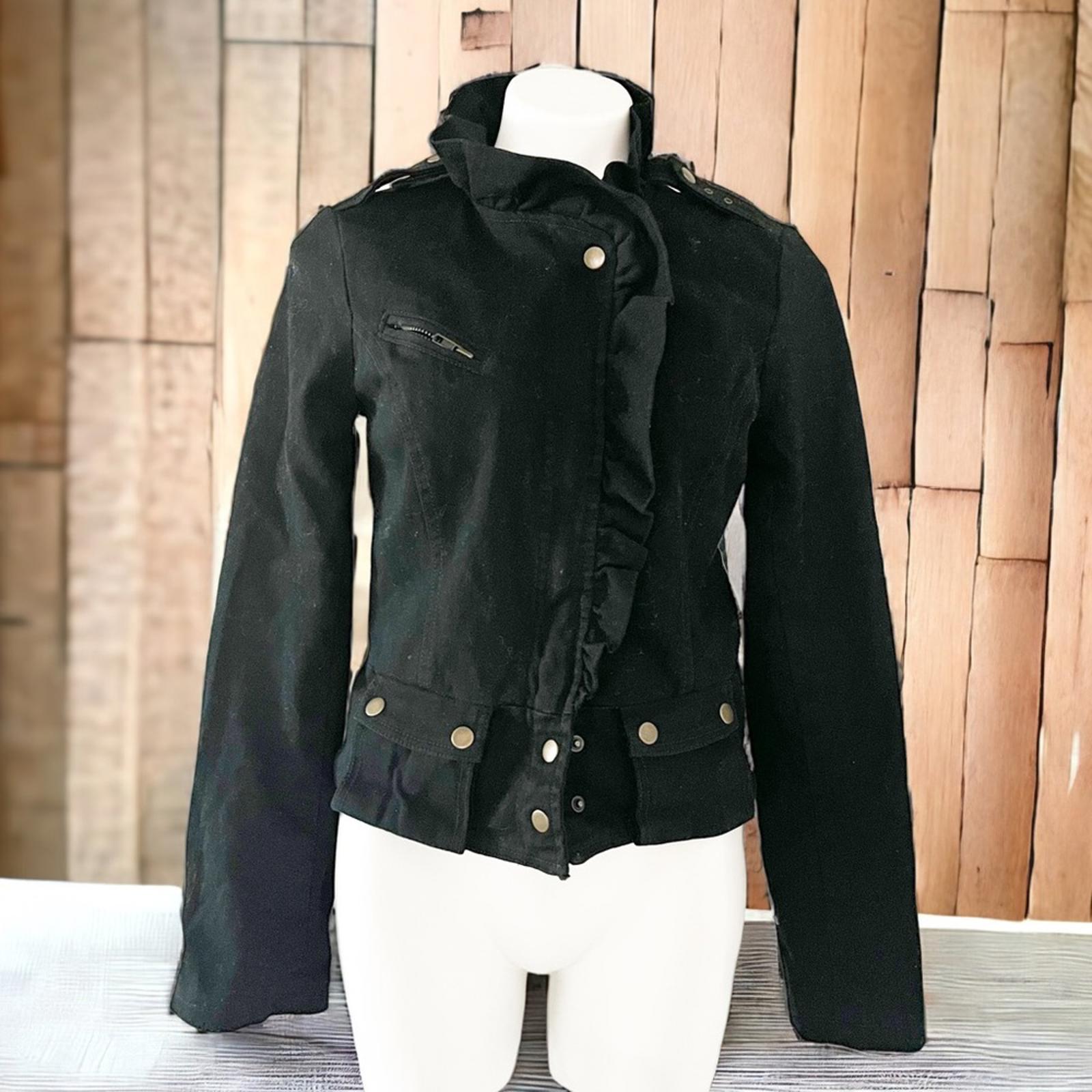 Anthropologie’s Sanctuary Ruffle Collar Denim Moto Jacket, Black Size S