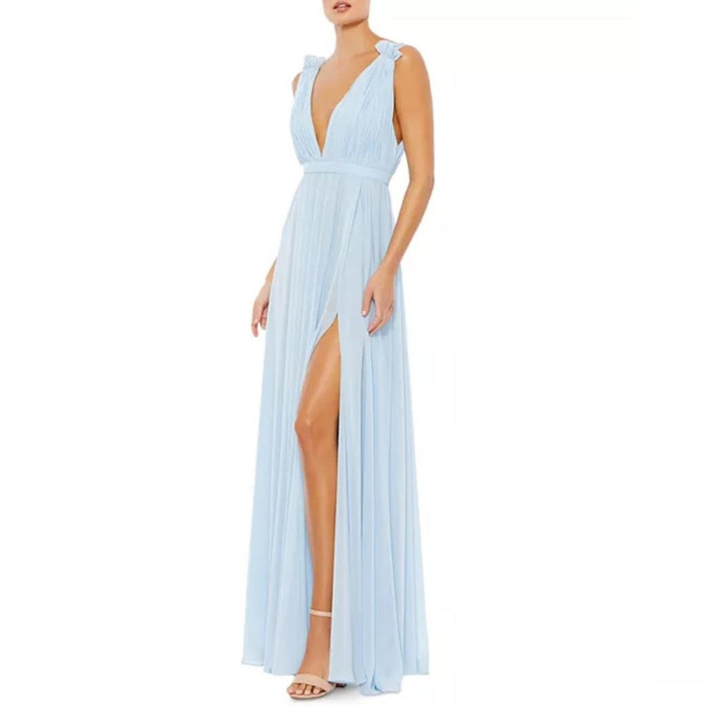 Mac Duggal IEENA Chiffon Plunge Neck Gown in Powder Blue, Size 12 New w/Tag $258