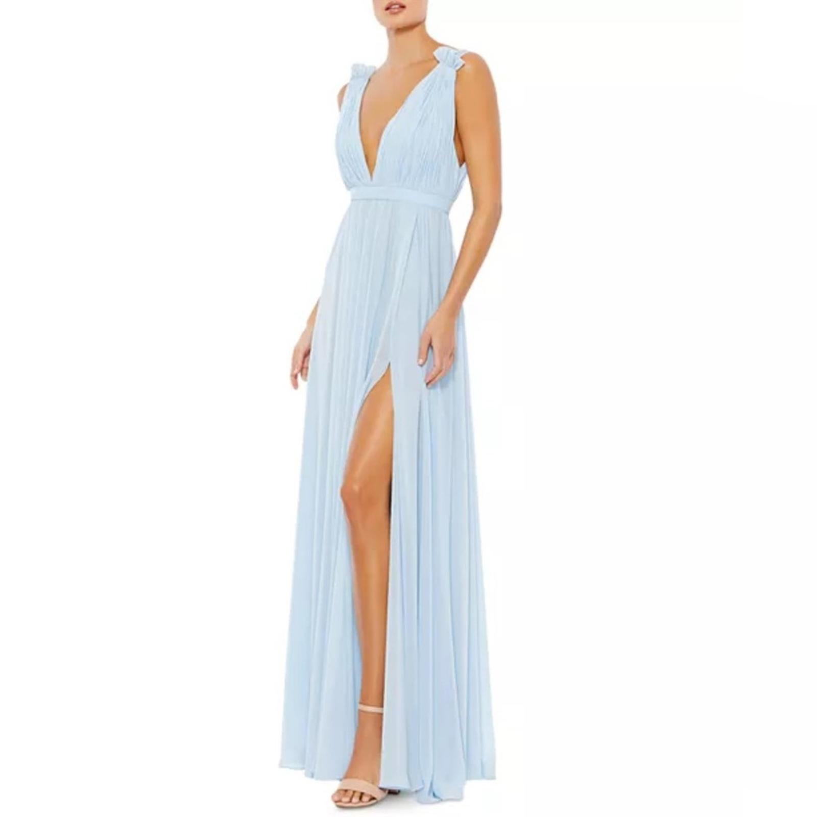 Mac Duggal IEENA Chiffon Plunge Neck Gown in Powder Blue, Size 12 New w/Tag $258
