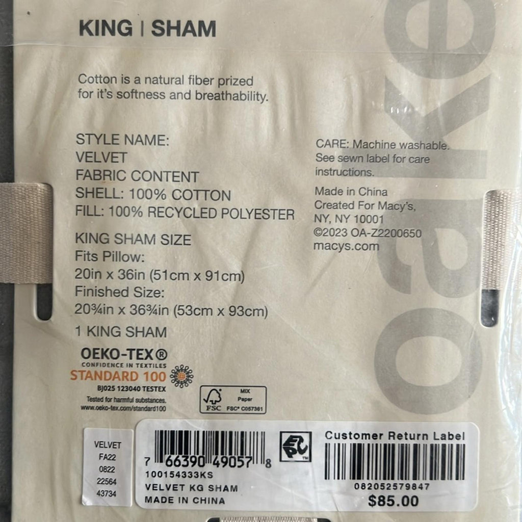 Oake Velvet King Sham in Grey, NEW $85