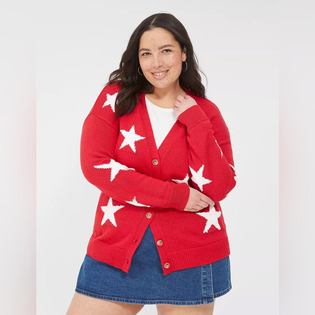 NEW Lane Bryant V-Neck Button-Front Star Cardigan Red/White Size 14/16