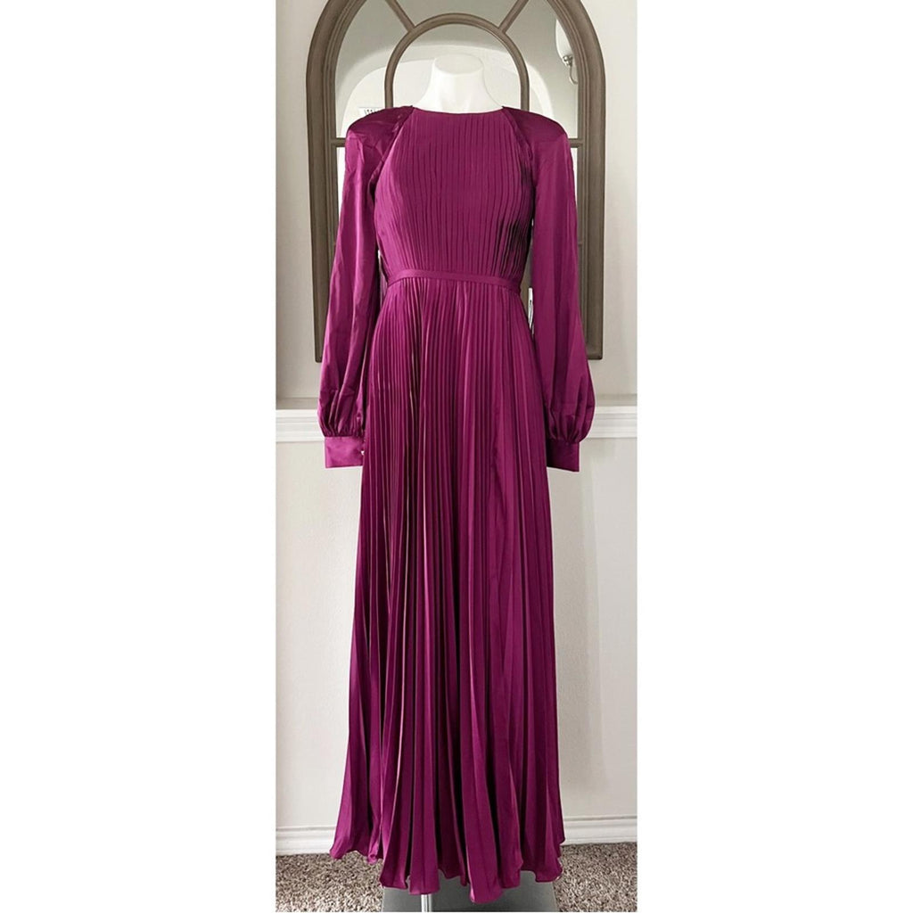 Mac Duggal IEENA Pleated Long Sleeve Satin Gown, Purple Size 8 New w/Tag $498