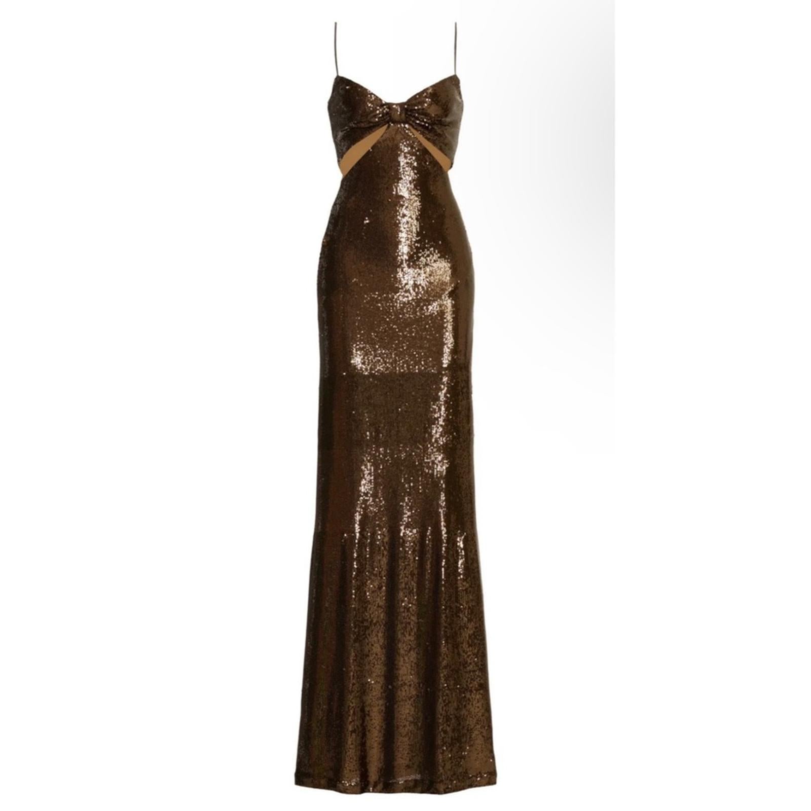 Halston Chloe Cutout Sequined Tulle Gown, Brown Size 4 New w/Tag Retail $595