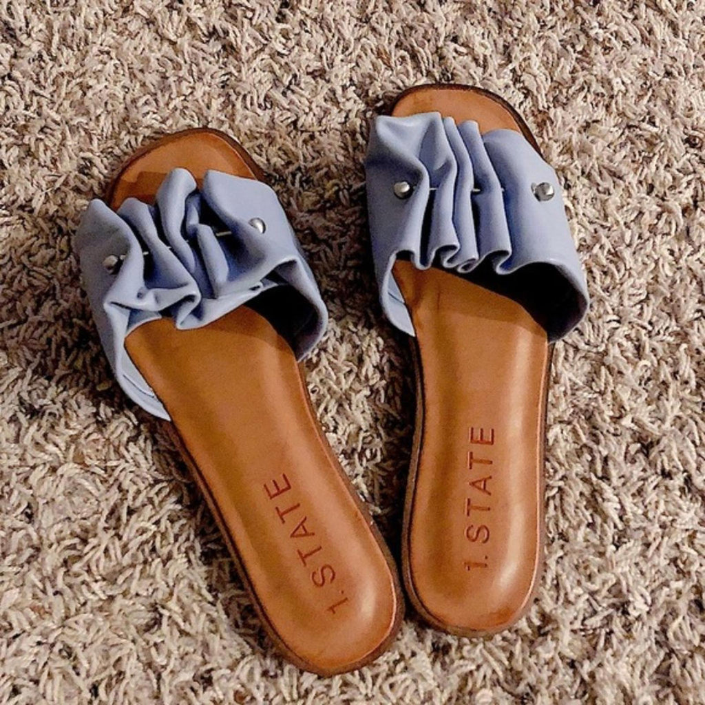 1.State Blue Fann Ruched Leather Slide Sandals, Size 7.5 New in Box
