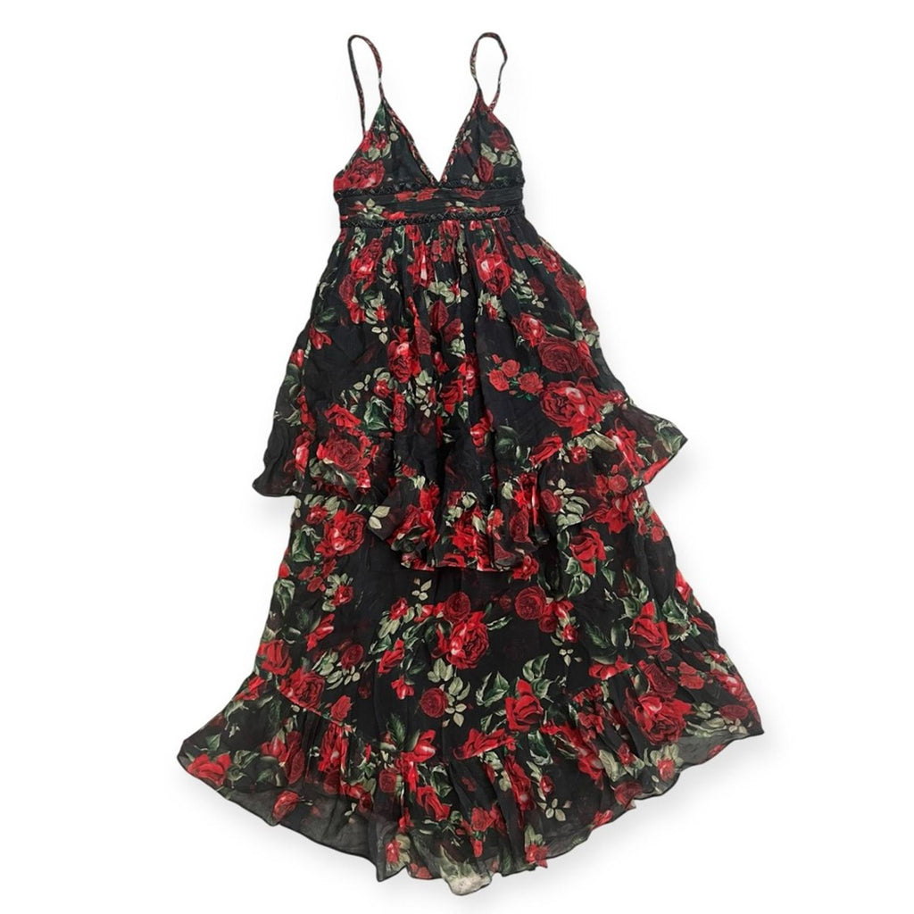 Rococo Sand Tiered Maxi Dress in Black/Red Roses, NWT, Size XS Retail $478