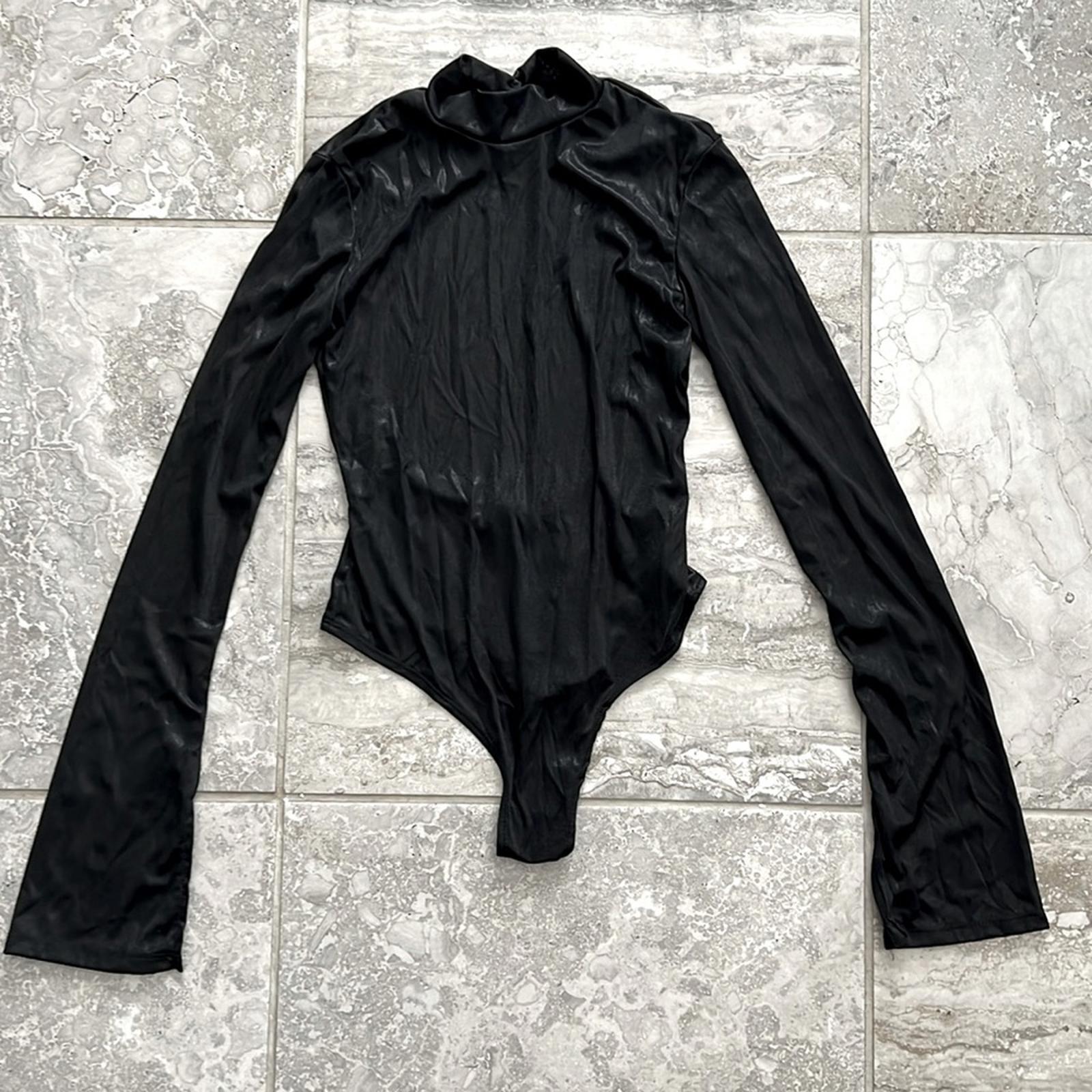PrettyLittleThing Black Metallic High Neck Open Back Bodysuit, Size UK10 US6 NEW