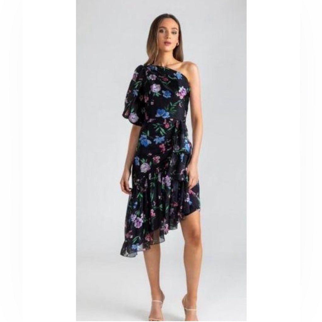 Shoshanna Midnight Gia One Shoulder Silk Floral Dress, Black Size 8 Retail $595